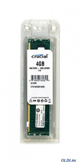  DDR3 4Gb (pc-12800) 1600MHz Crucial [Retail] (CT51264BA160BJ), Dimm